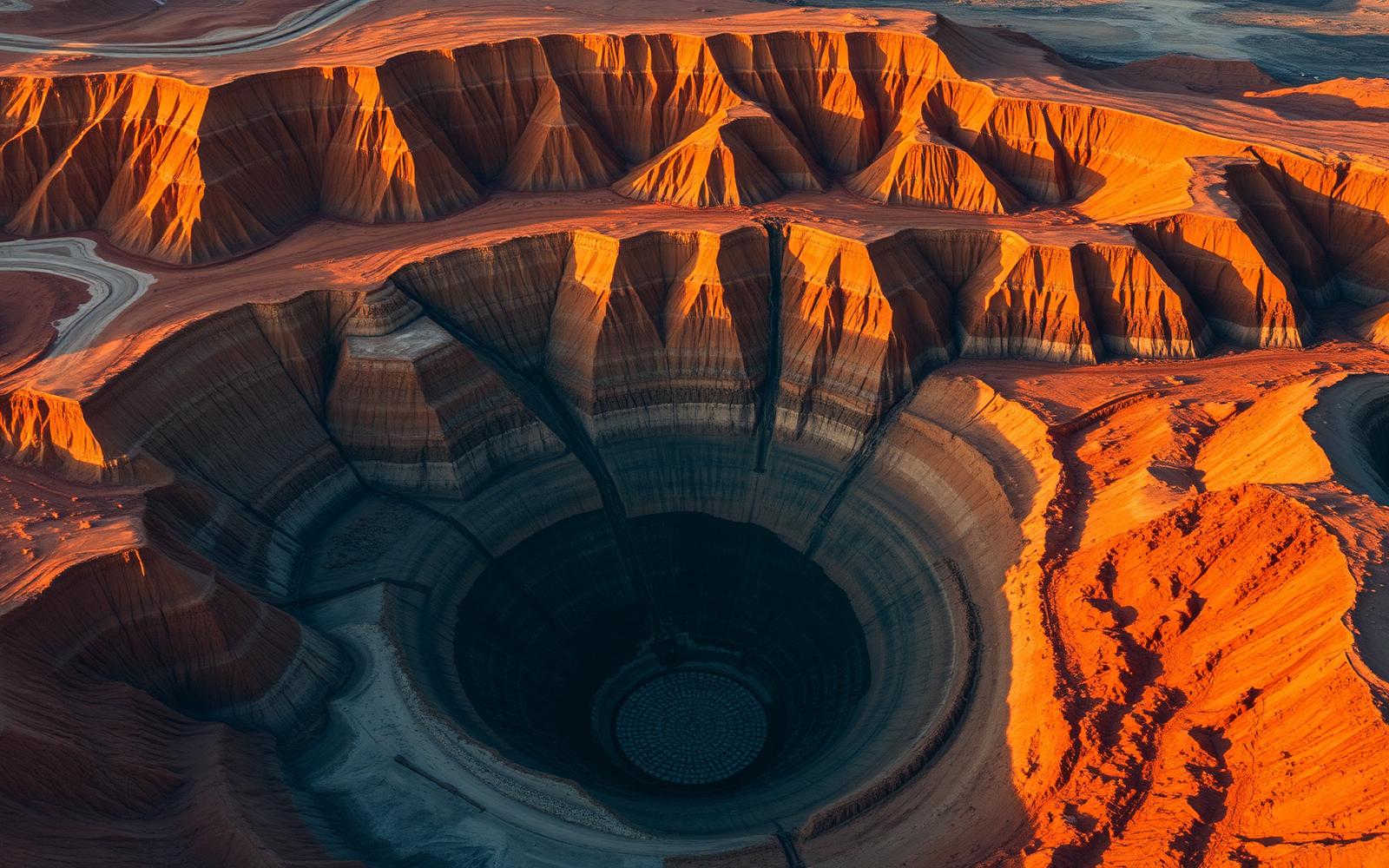 Aerial view of a terraced mining site at golden hour